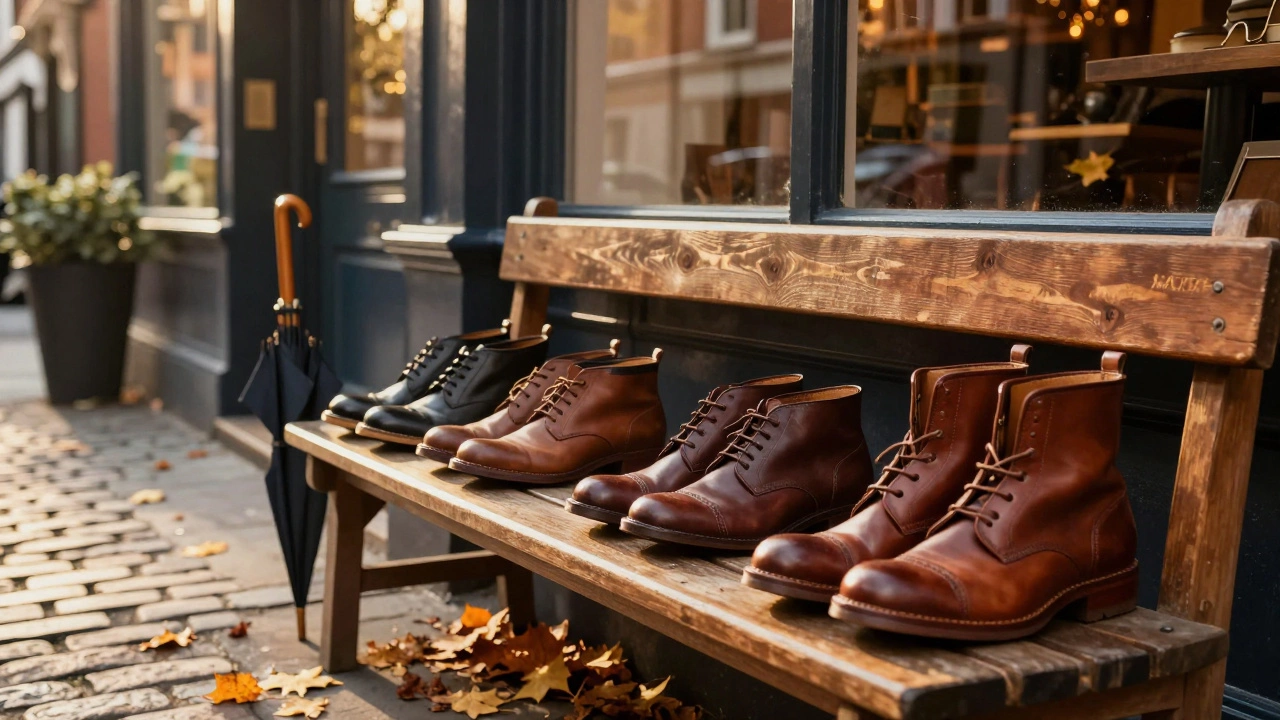 Classic leather boots arranged on a bench on a cobblestone street