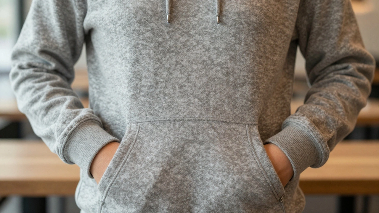 Close-up of thick cotton hoodie fabric texture and hands in pockets.
