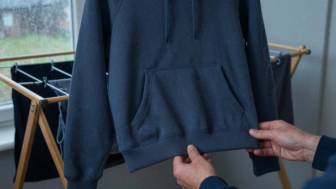 Hands adjusting a well-made cotton hoodie on a drying rack in a typical Irish hallway.