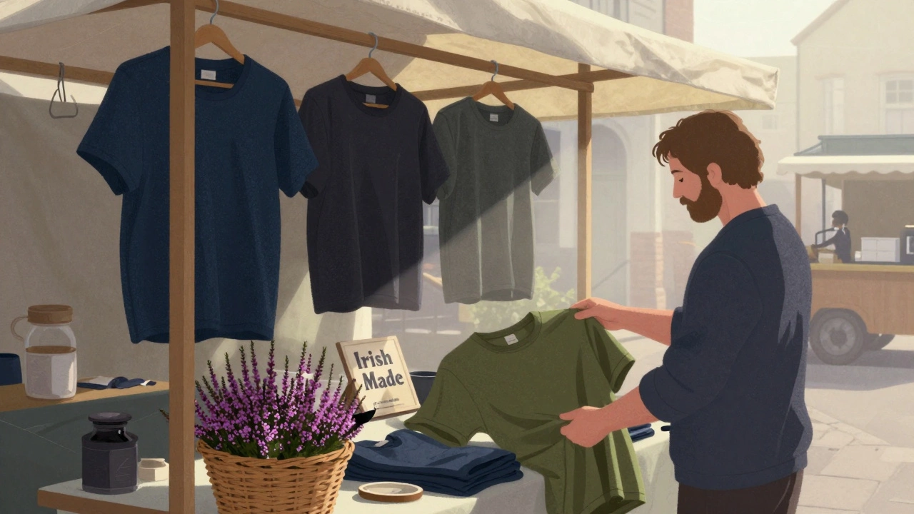 Hands choosing a handmade olive green t-shirt at a Cork market, with natural dyes and heather nearby.