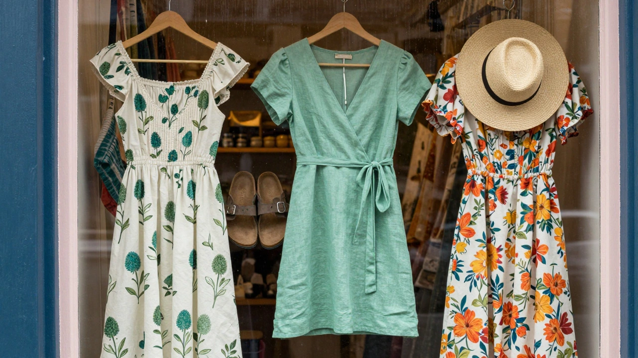 Irish summer dresses displayed in a boutique window with straw hat and loafers beside them.