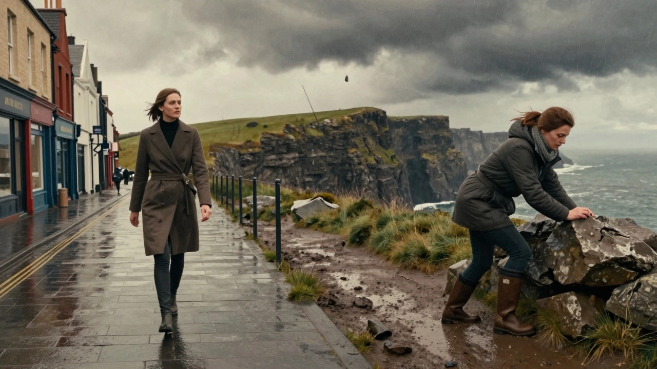 Split scene: urban walker in slim Ad boots vs. hiker in wide EE boots on wet coastal path in Ireland.