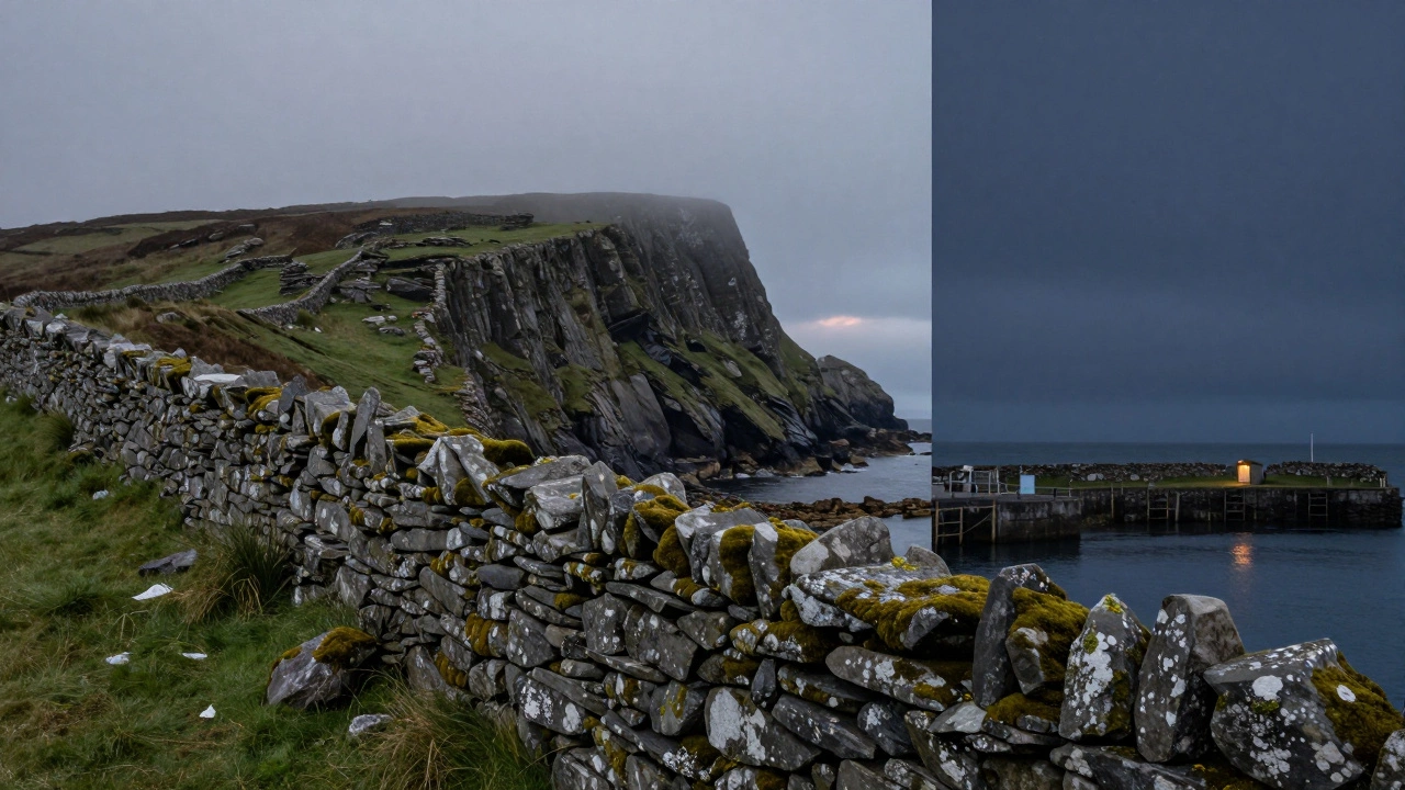 Three Irish landscapes — mossy wall, cliff at dusk, harbor — each tinted in olive, charcoal, and navy, blending with nature.