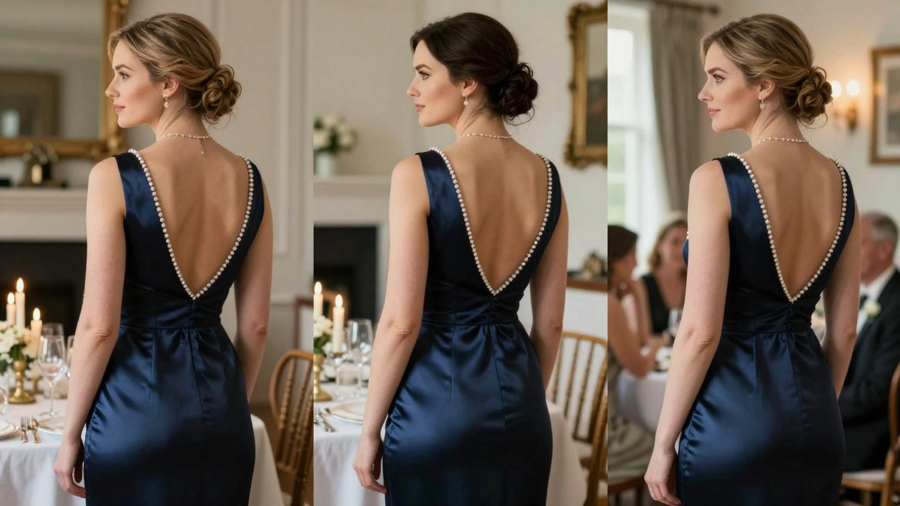 Three Irish women in navy silk evening dresses at Galway, Kilkenny, and Wicklow, embodying minimalist elegance and quiet confidence.