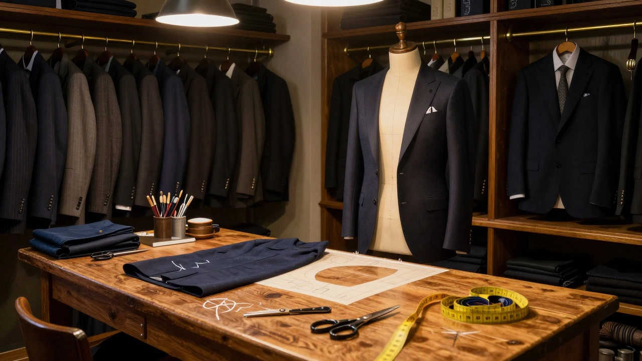 Traditional tailor shop workspace with suit construction