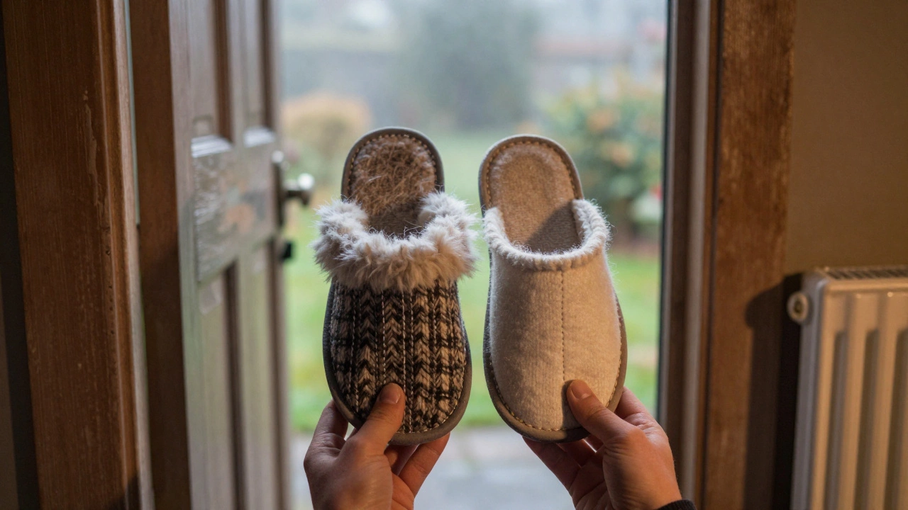 Two pairs of Irish wool slippers side by side, one for winter, one for summer, with visible rubber soles.