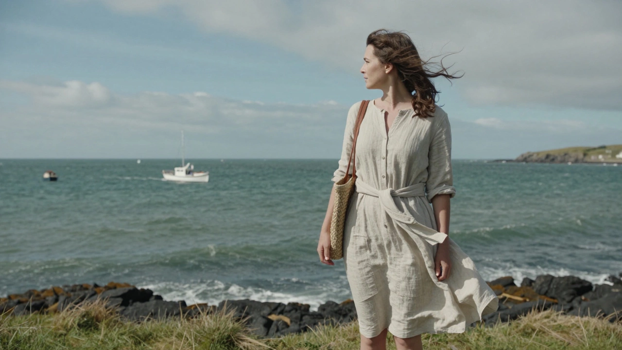 Woman at Howth Harbour wearing a linen dress with pockets, looking out over the Atlantic wind.