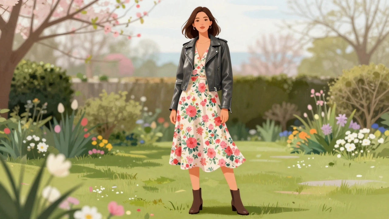 Woman in floral dress and leather jacket at outdoor spring party.
