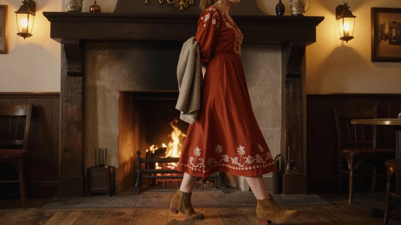 Woman in rust-colored gown near a fireplace in a Wicklow pub, wearing suede boots.