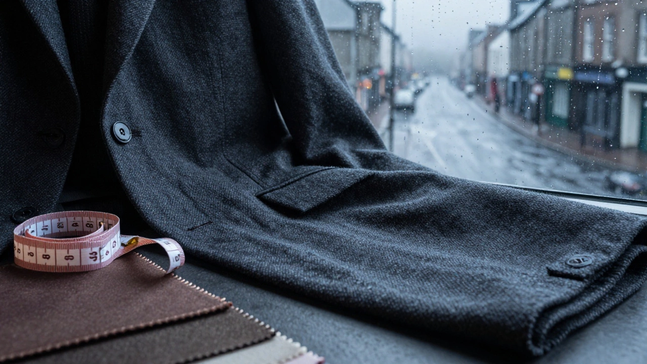 Wool suit fabric near rainy Irish street window
