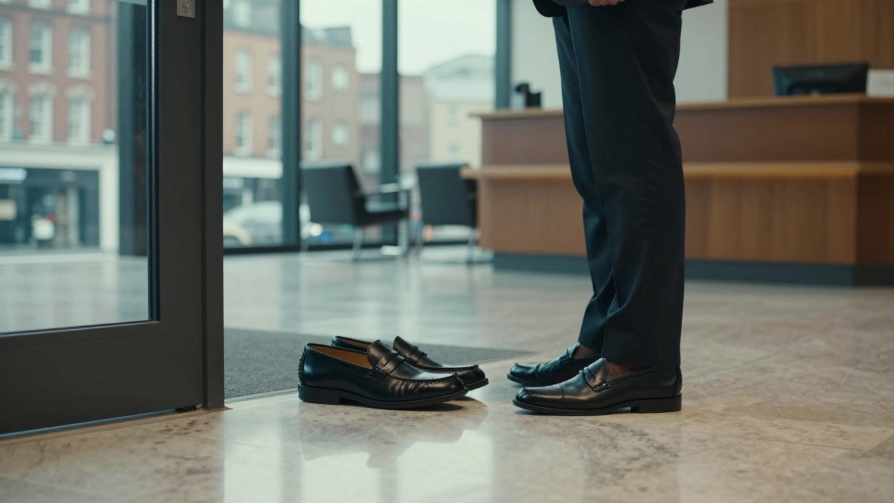 Worker changing from casual clogs to leather loafers at office entrance