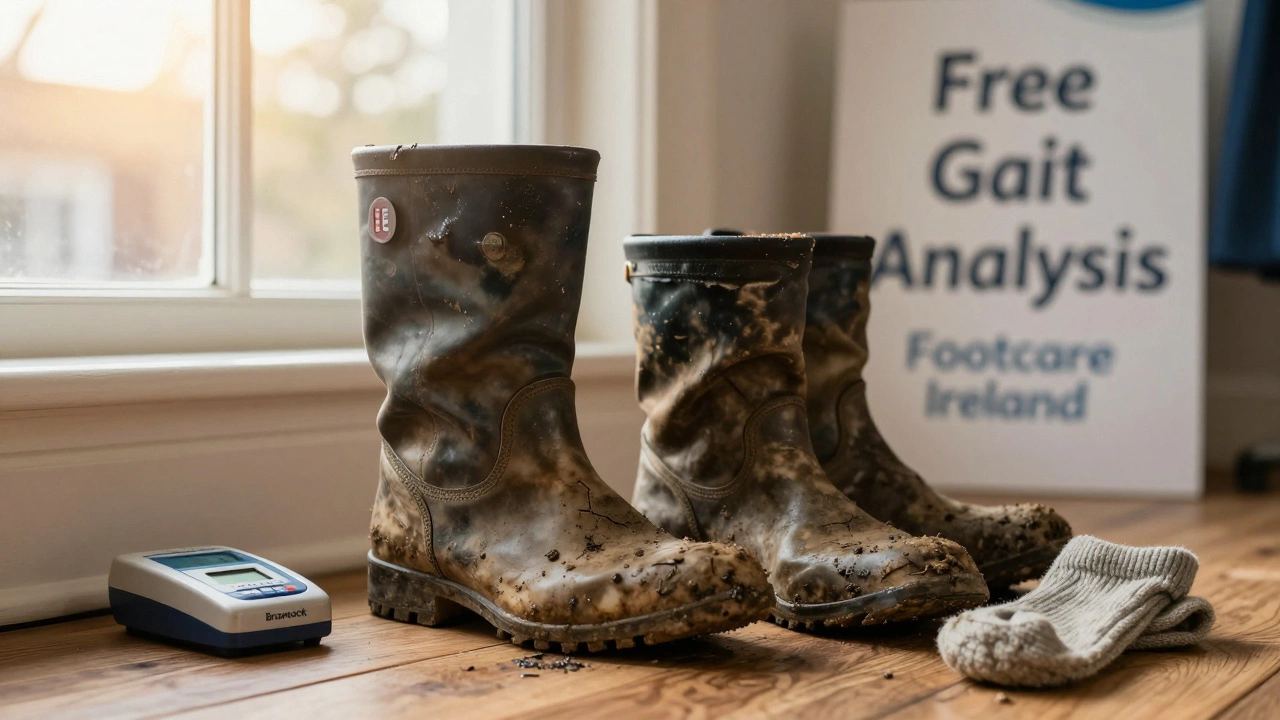 Worn EE boots beside damaged Ad boots with wool socks and Brannock device in a Limerick footwear store.
