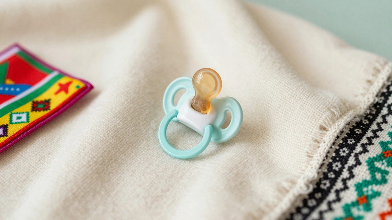 A baby pacifier on a blanket with Caribbean and Irish fabric accents.