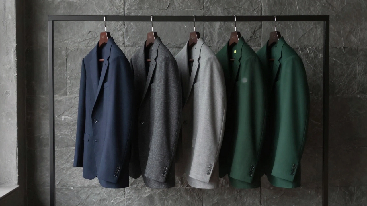 A collection of navy, charcoal, light grey, and forest green suits on a clothing rack.
