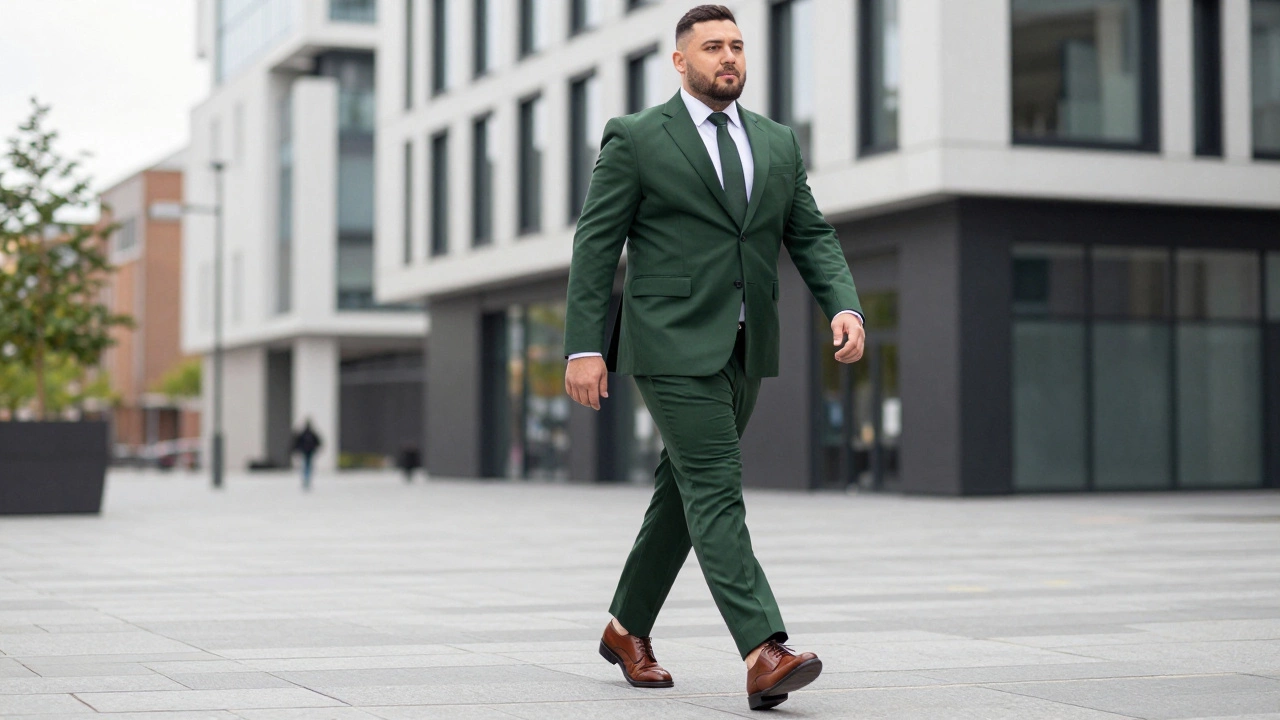 A larger man wearing a tailored forest green slim-fit suit in the Dublin Docklands