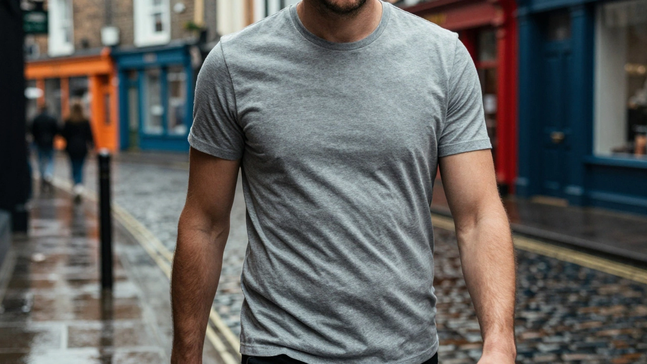 A man wearing a structured gray t-shirt walking on a rainy Dublin street.