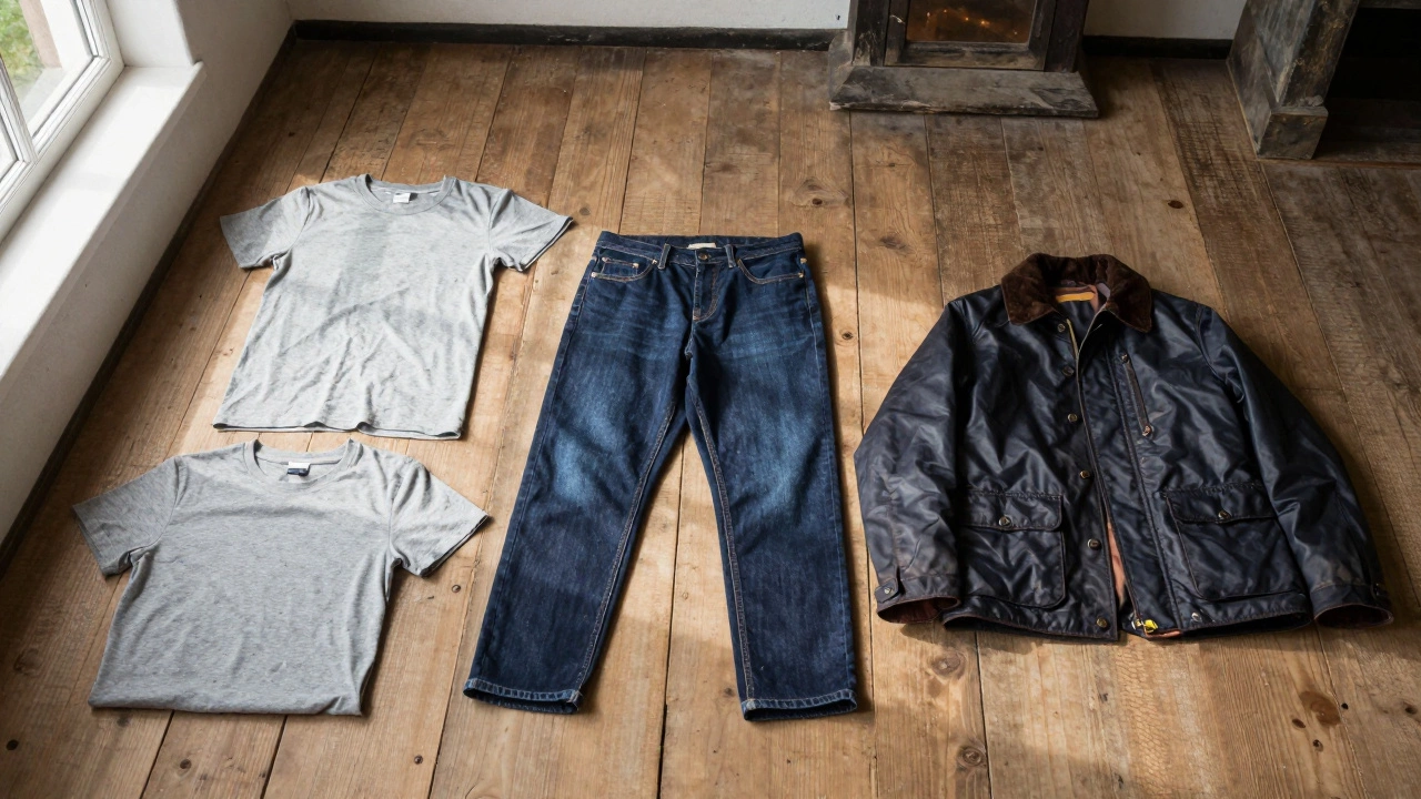 A minimalist capsule wardrobe featuring gray tees, dark jeans, and a waxed jacket.