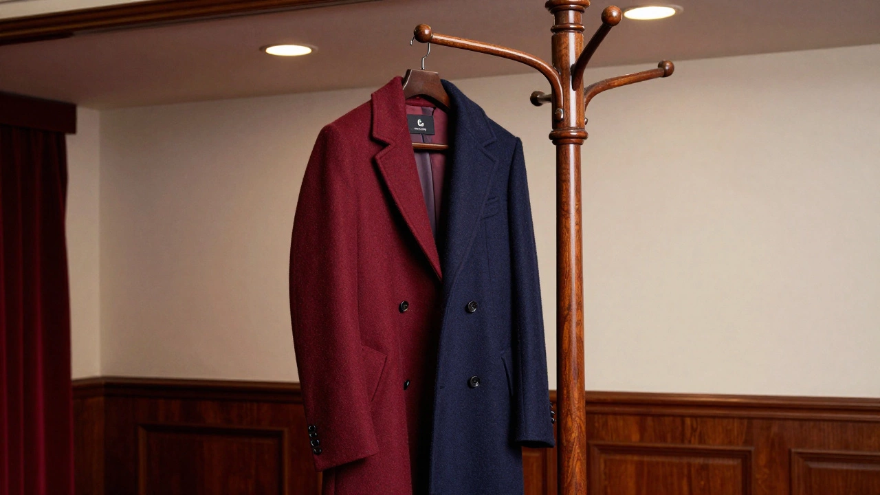 A navy blue wool overcoat hanging neatly on a vintage mahogany coat rack