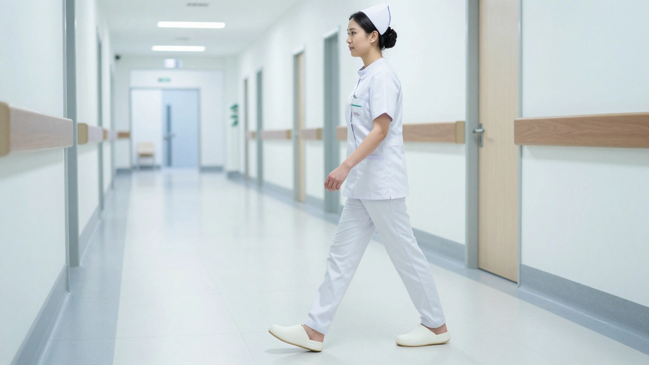 A nurse wearing professional closed-toe white work clogs in a bright hospital corridor.