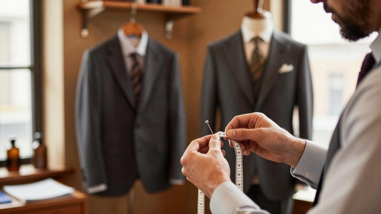 A tailor adjusting a suit in a traditional workshop with a wooden hanger.