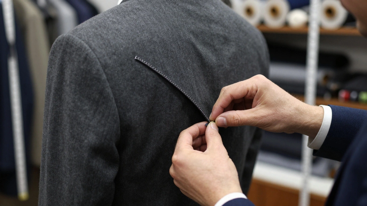 A tailor pinning a charcoal grey suit jacket to create a tapered waistline