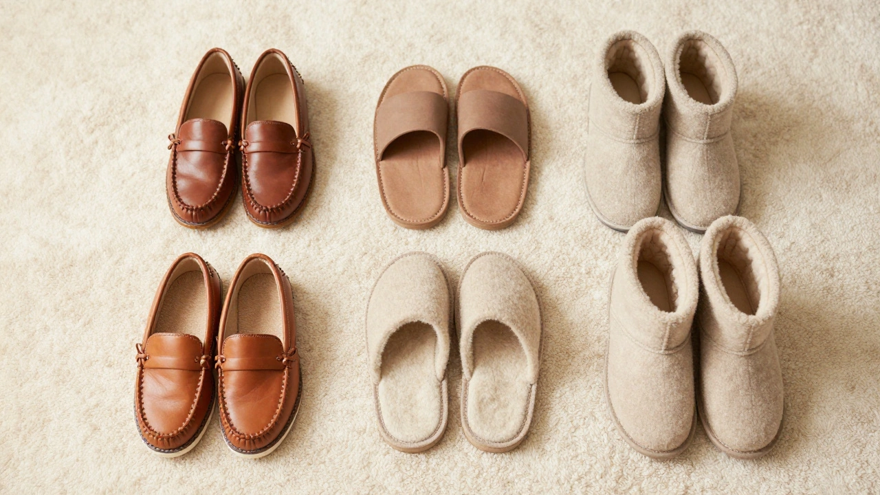 A variety of indoor footwear including moccasins and orthopaedic slippers on a plush carpet