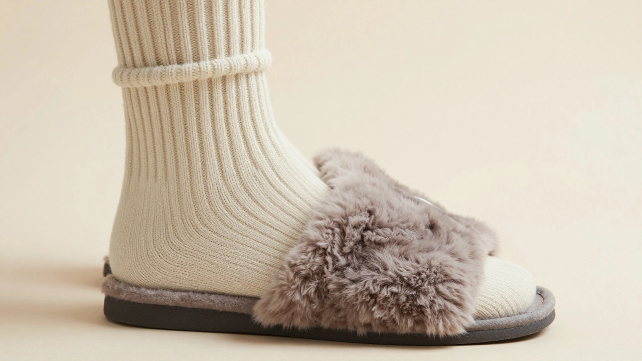 Close-up of a foot in a thick wool sock fitting into a roomy faux-fur slipper