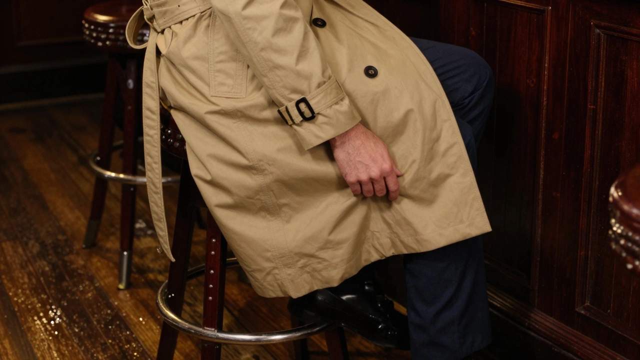 Close-up of a hand sweeping a beige trench coat away from a pub floor while sitting