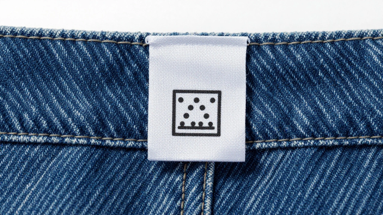 Close-up of denim waistband with laundry care symbol icon.