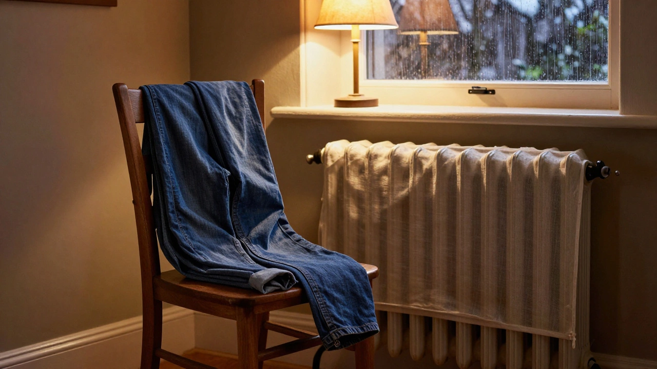 Jeans hanging on a chair next to a glowing home radiator.