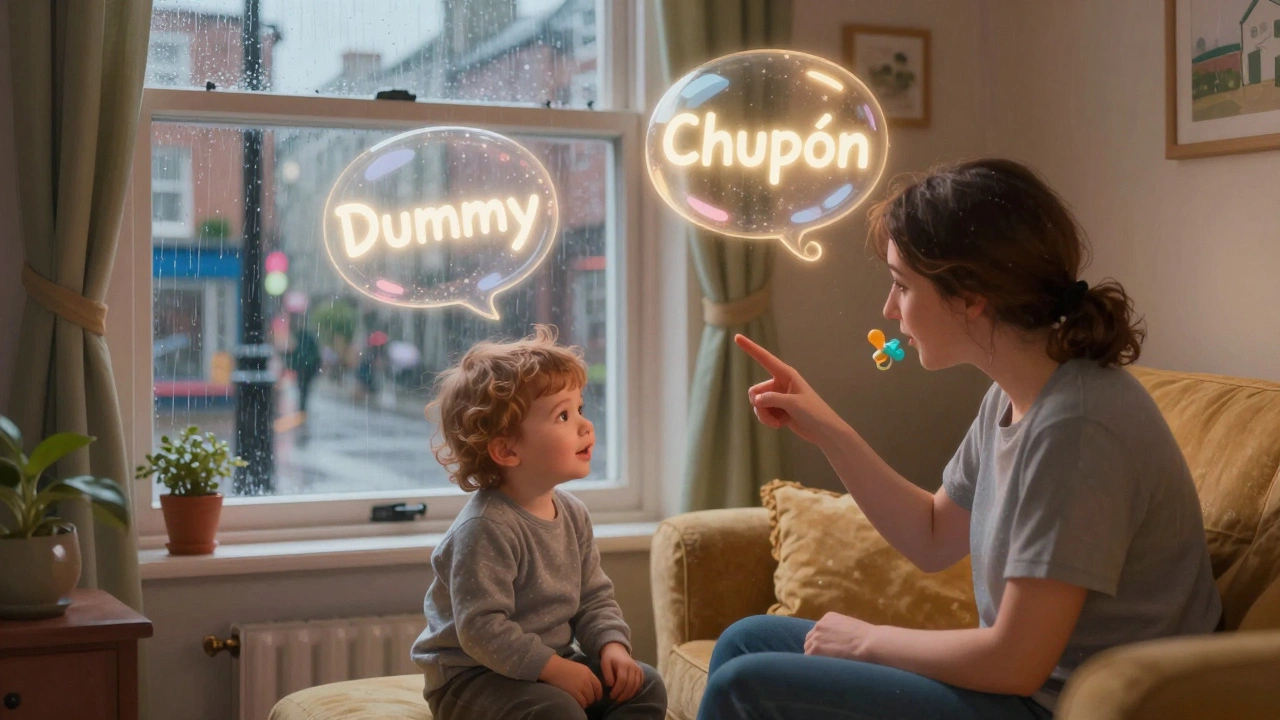 Parent and toddler in a cozy home during a rainy day in Dublin.