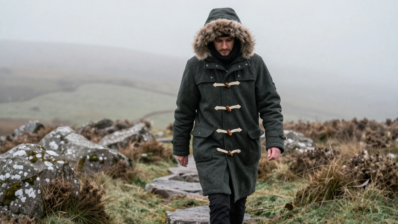 Person wearing a heavy wool duffle coat and parka in a misty Irish mountain landscape