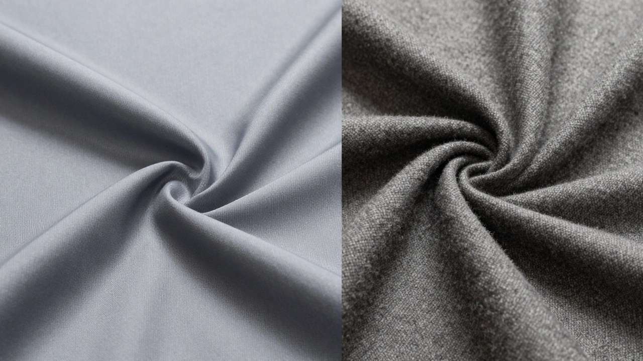 Side-by-side comparison of shiny synthetic fabric and matte wool fabric.