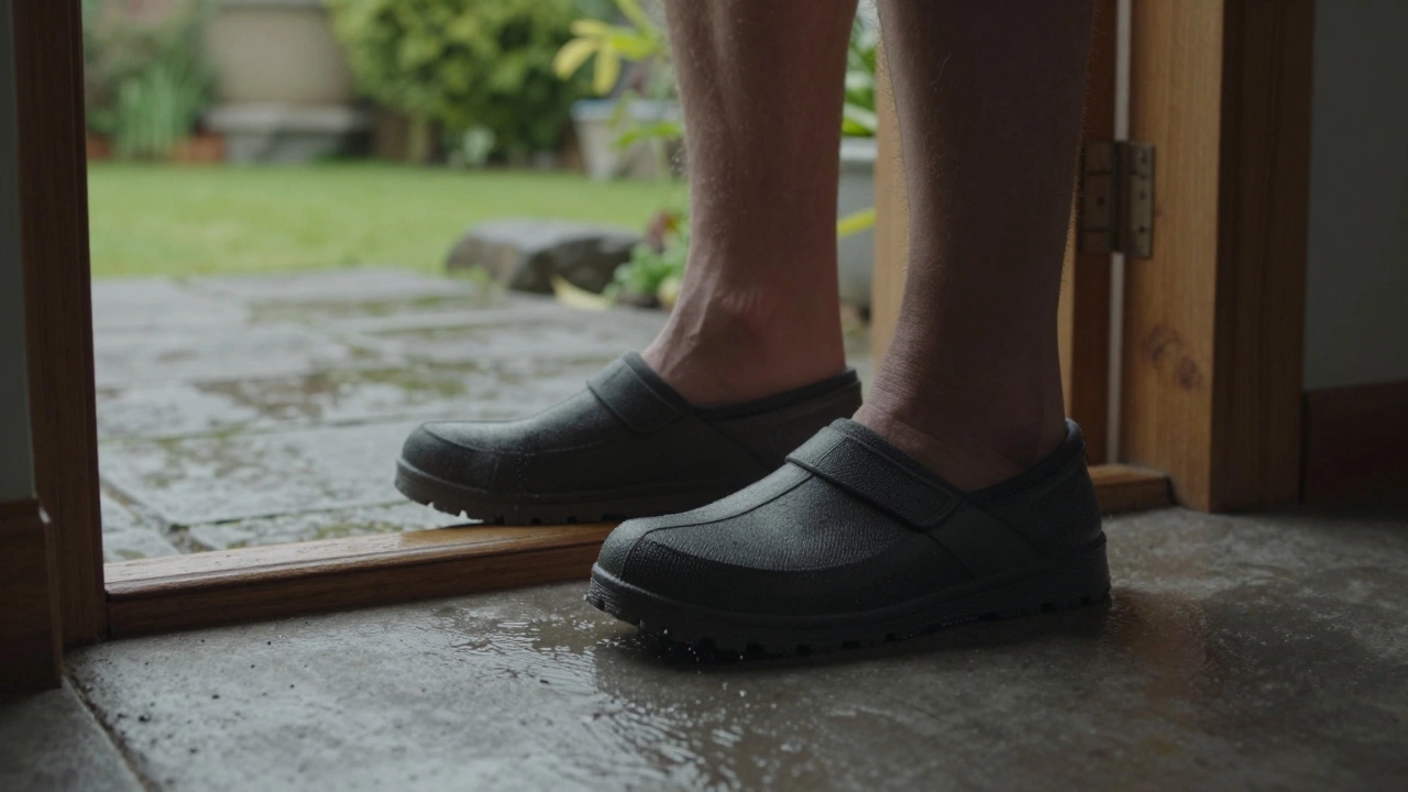 Slippers with rubber soles stepping from a doorway onto a wet stone patio