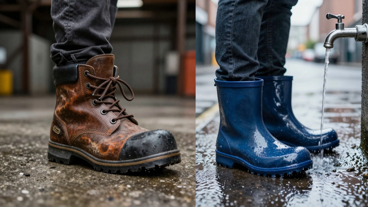 Split image comparing heavy safety boots in a warehouse and waterproof clogs being cleaned.