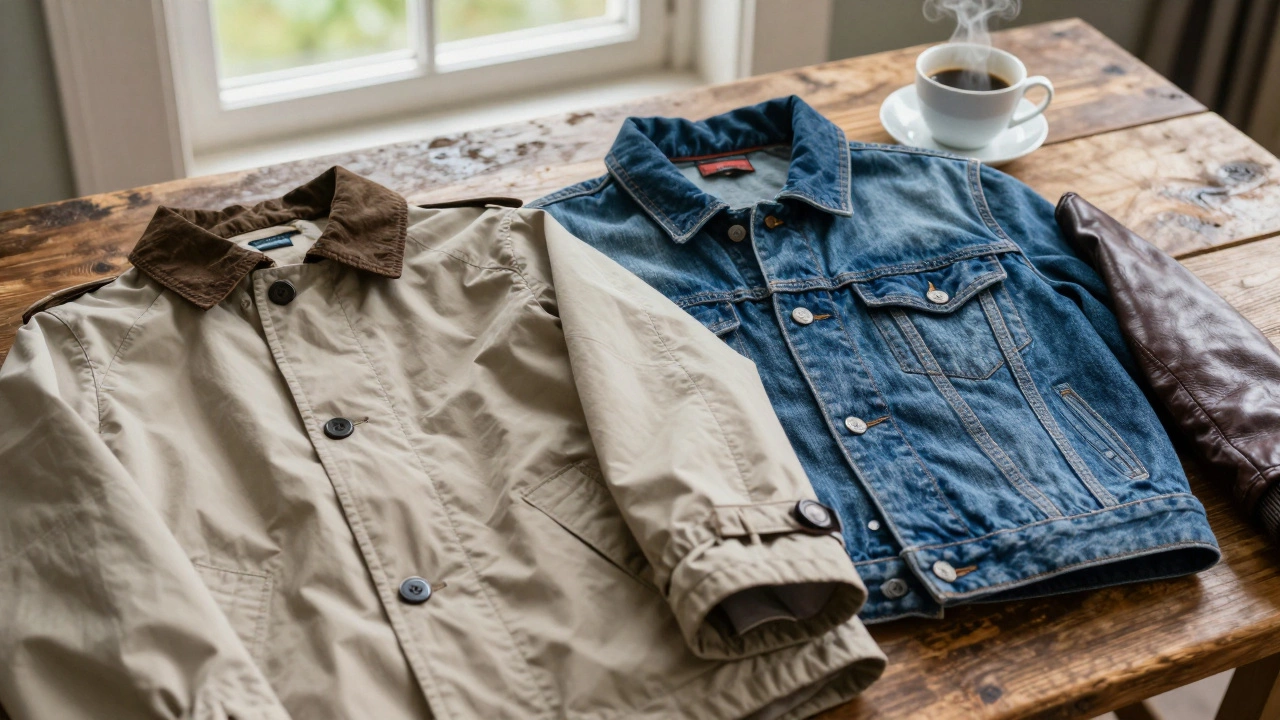 Various light jackets and a cup of coffee on a rustic wooden table