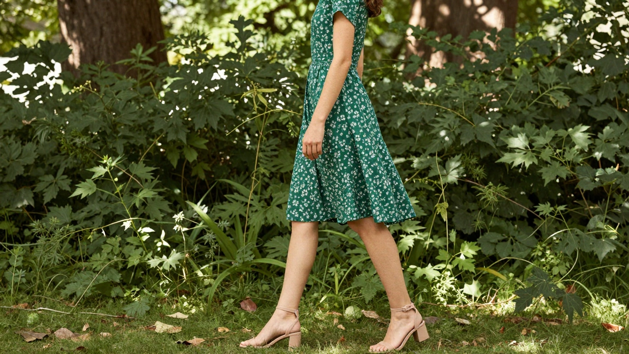 Woman in a green A-line floral linen dress and nude heels in a lush park
