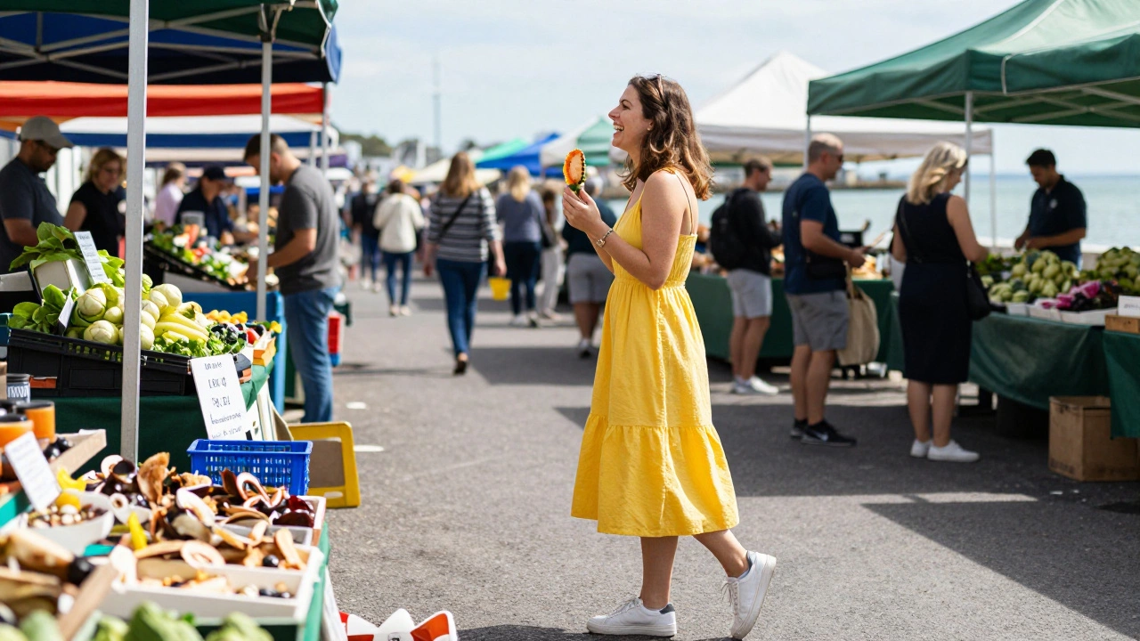Woman in a yellow sundress laughing at a seaside market in Howth