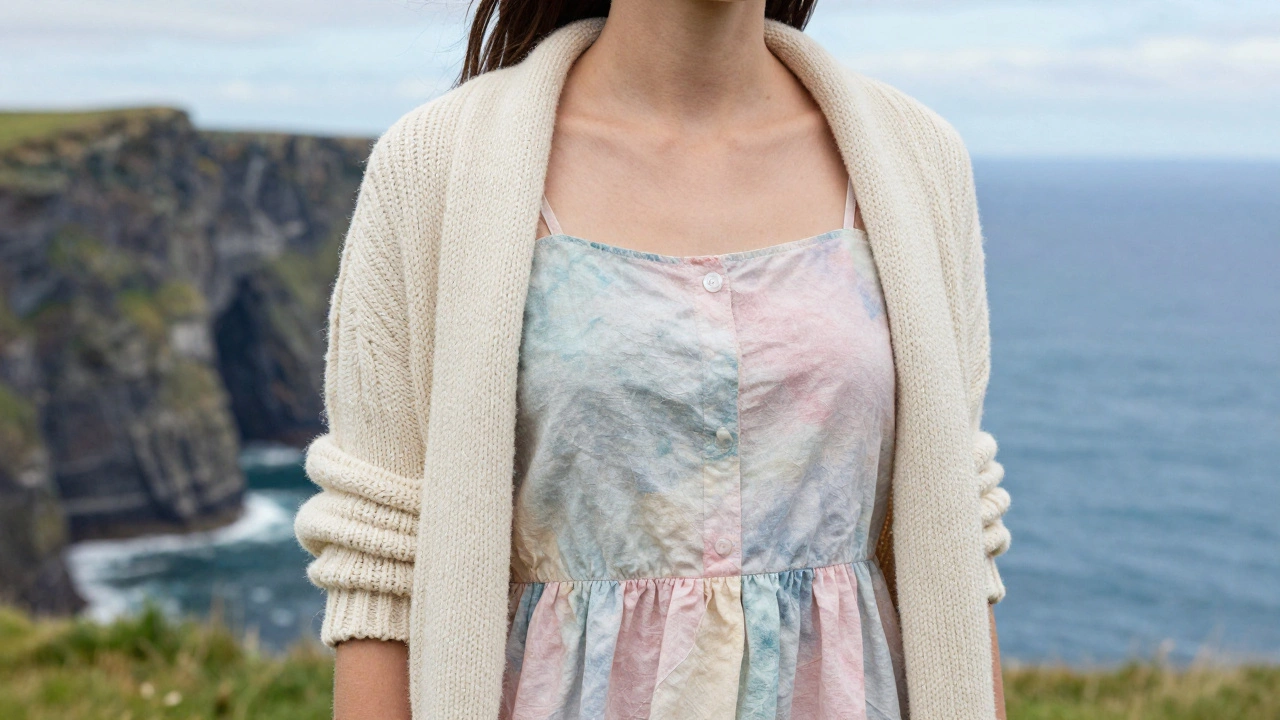 Woman wearing a pastel sundress and a chunky cardigan by the coast