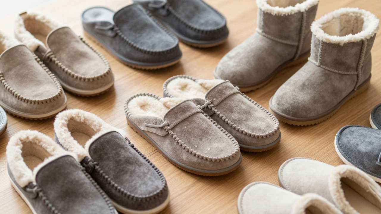 Assortment of cozy indoor slippers showing different materials and textures.