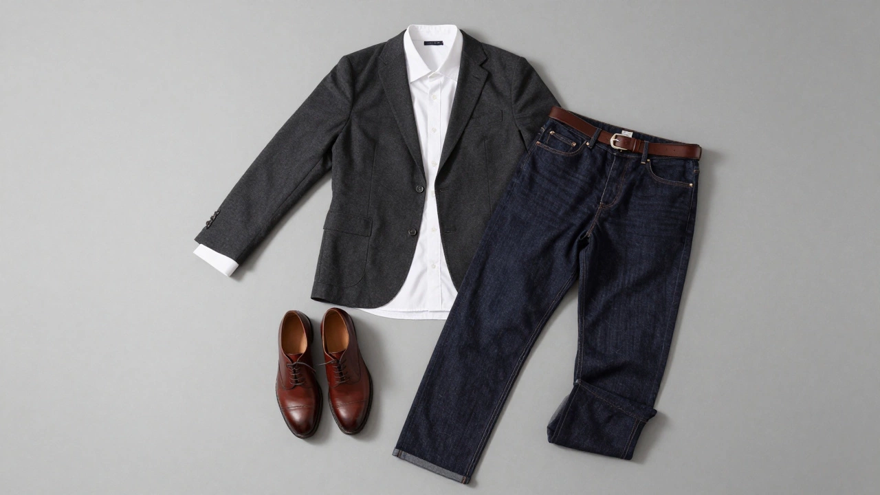 Charcoal blazer styled with jeans, white shirt, and leather shoes