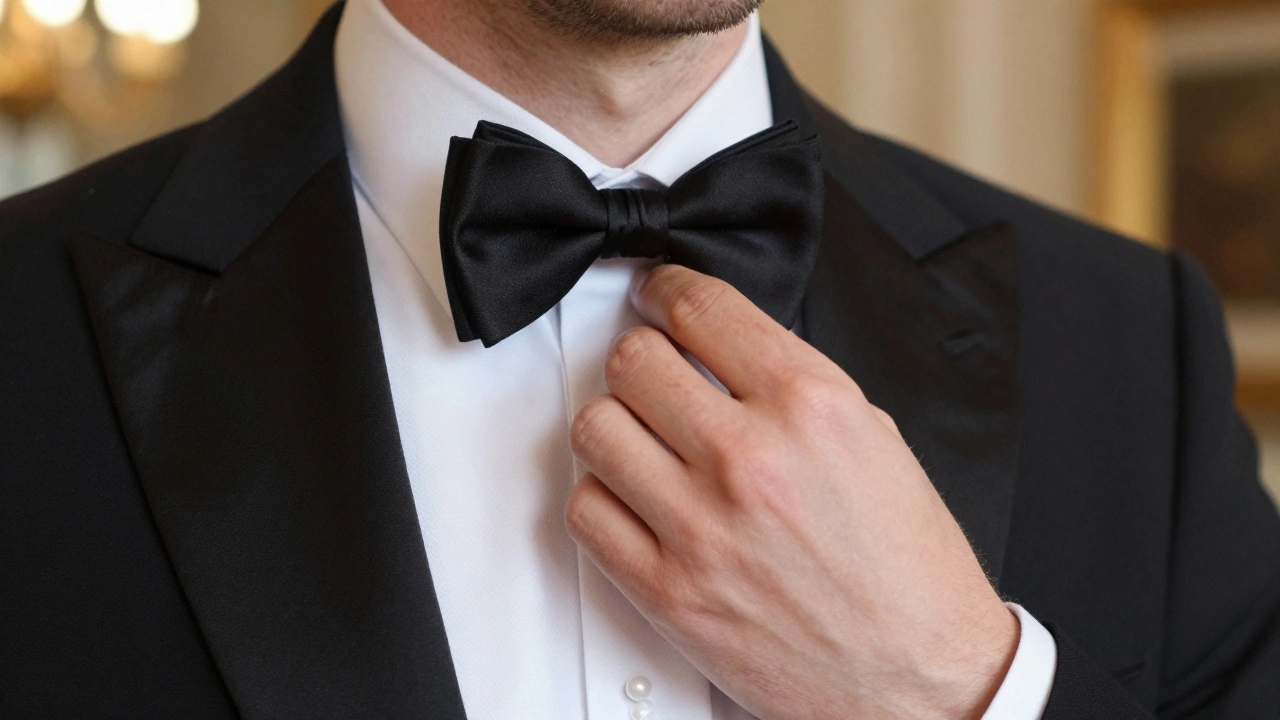 Close-up of man adjusting black bow tie on white shirt with tuxedo jacket.