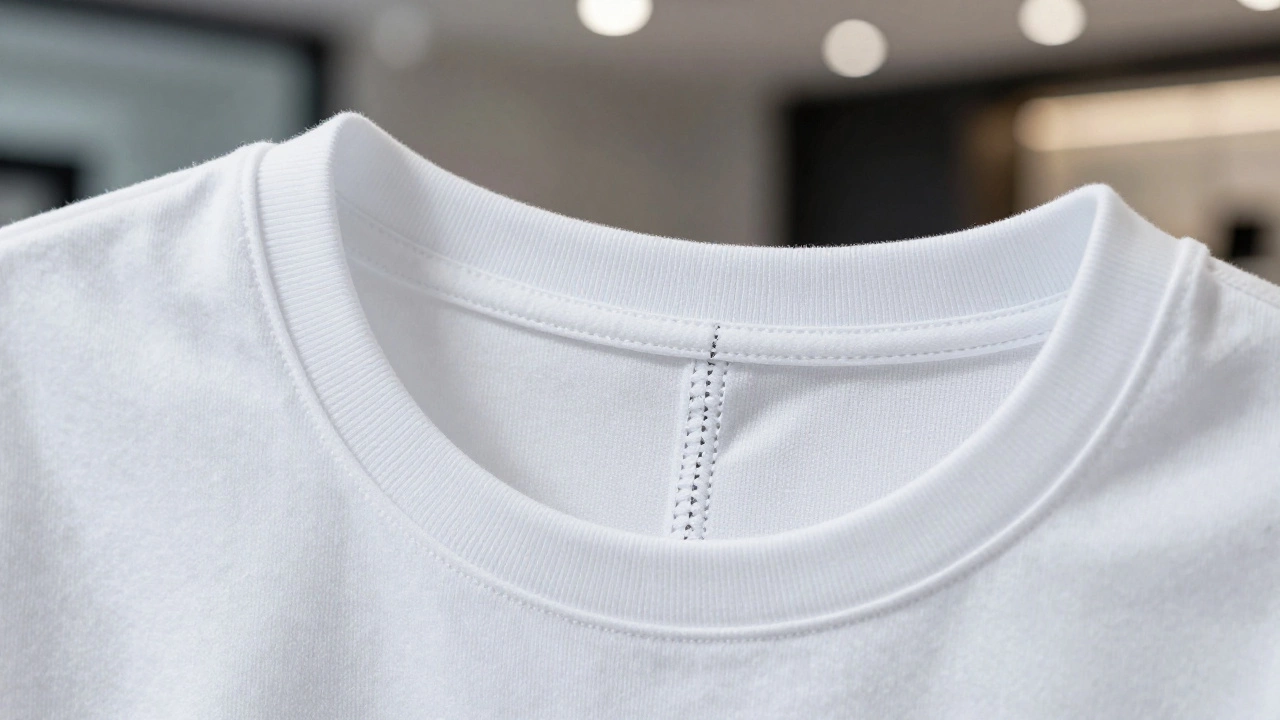 Close-up of strong French seams and flat collar inside tee