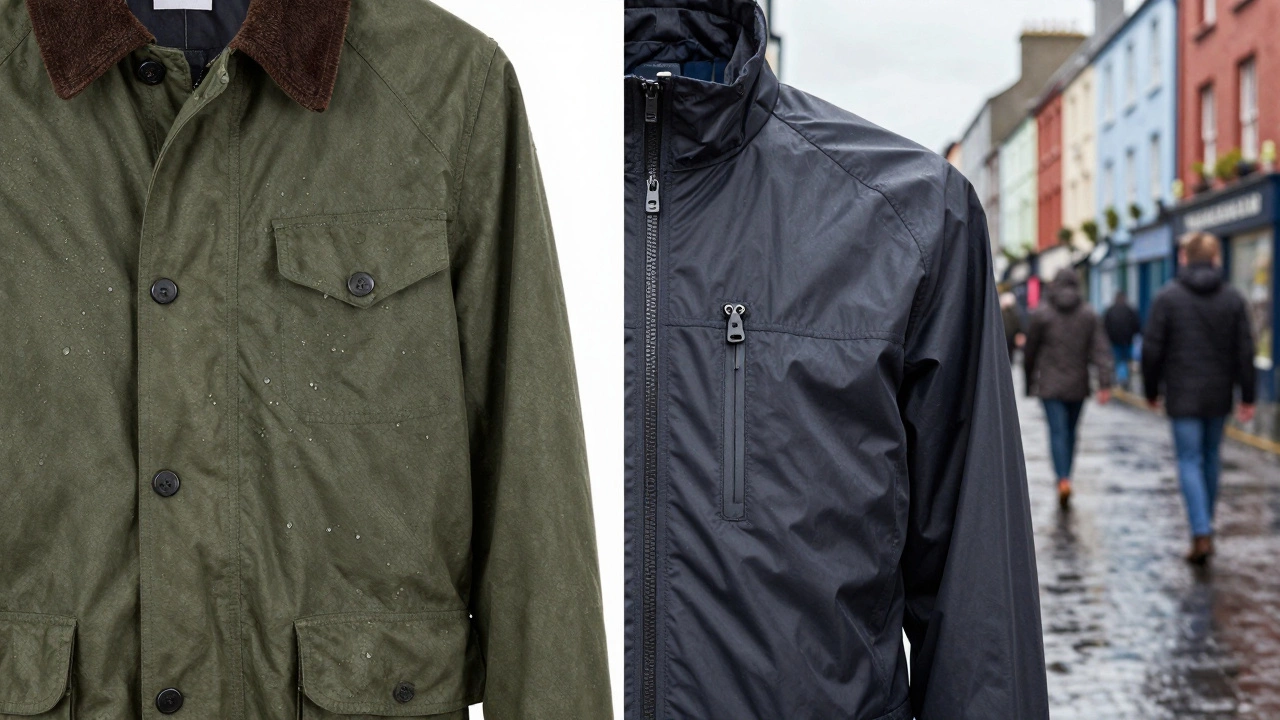 Close-up of waxed and tech jacket fabrics in rainy city