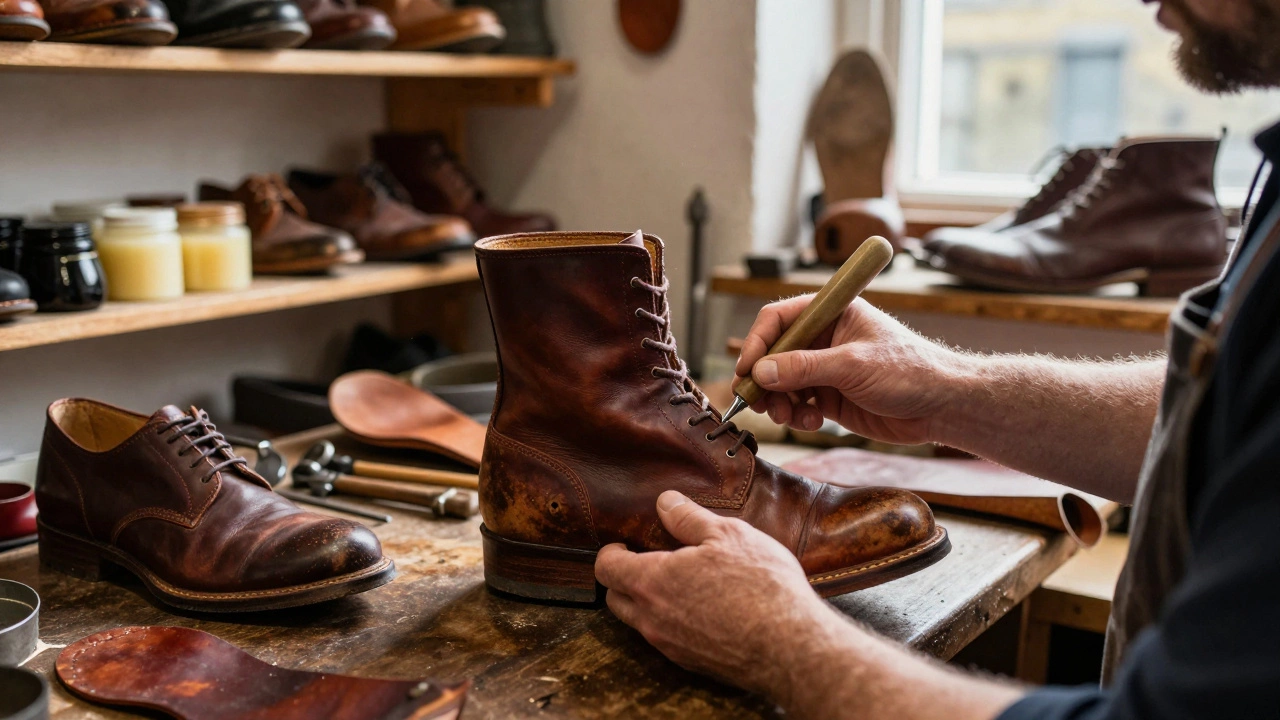 Cobbler conditioning leather boots in a traditional Irish workshop
