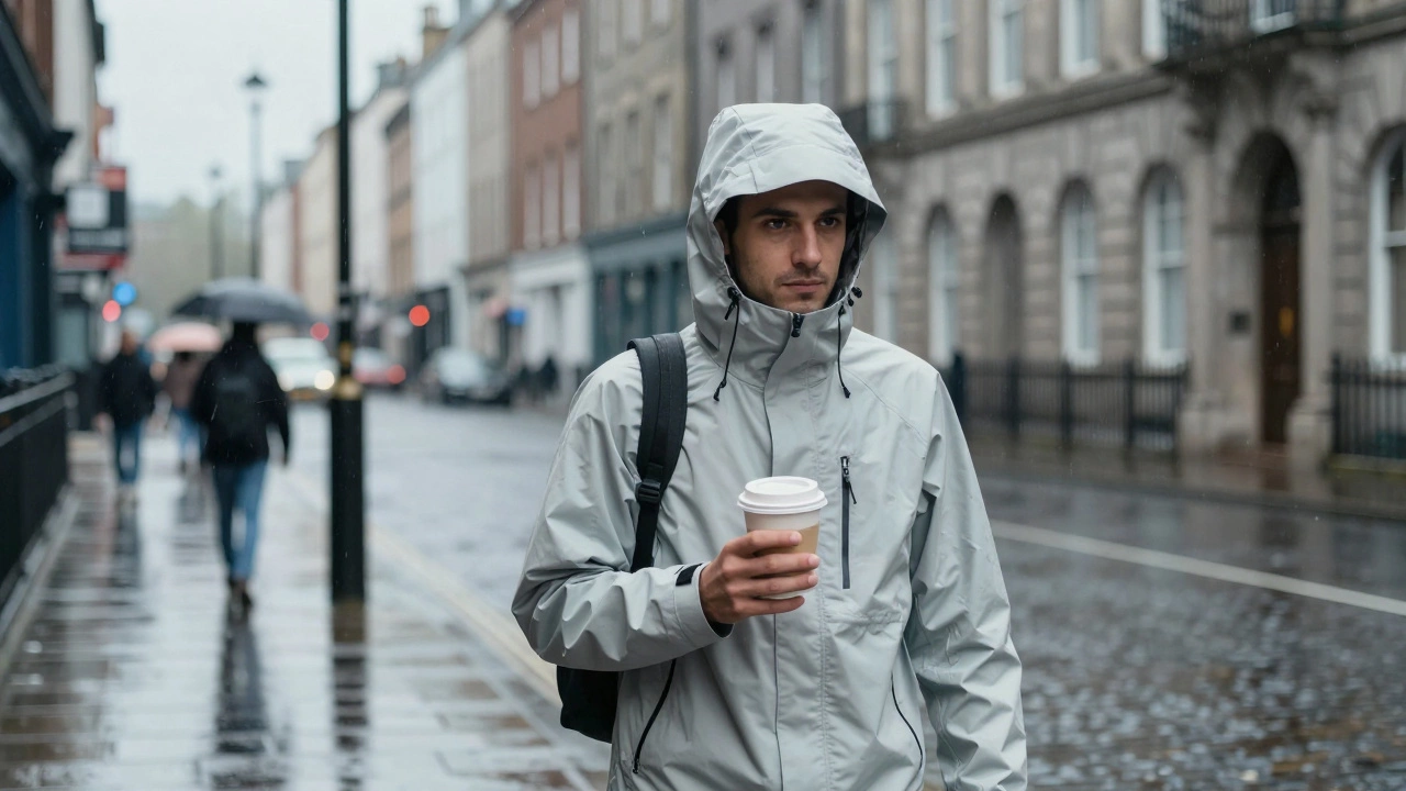 Commuter wearing jacket shell in rainy Dublin street