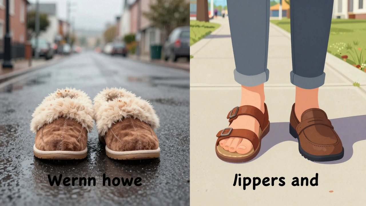 Comparison of warm indoor house shoes versus outdoor sandals illustrating terminology differences.