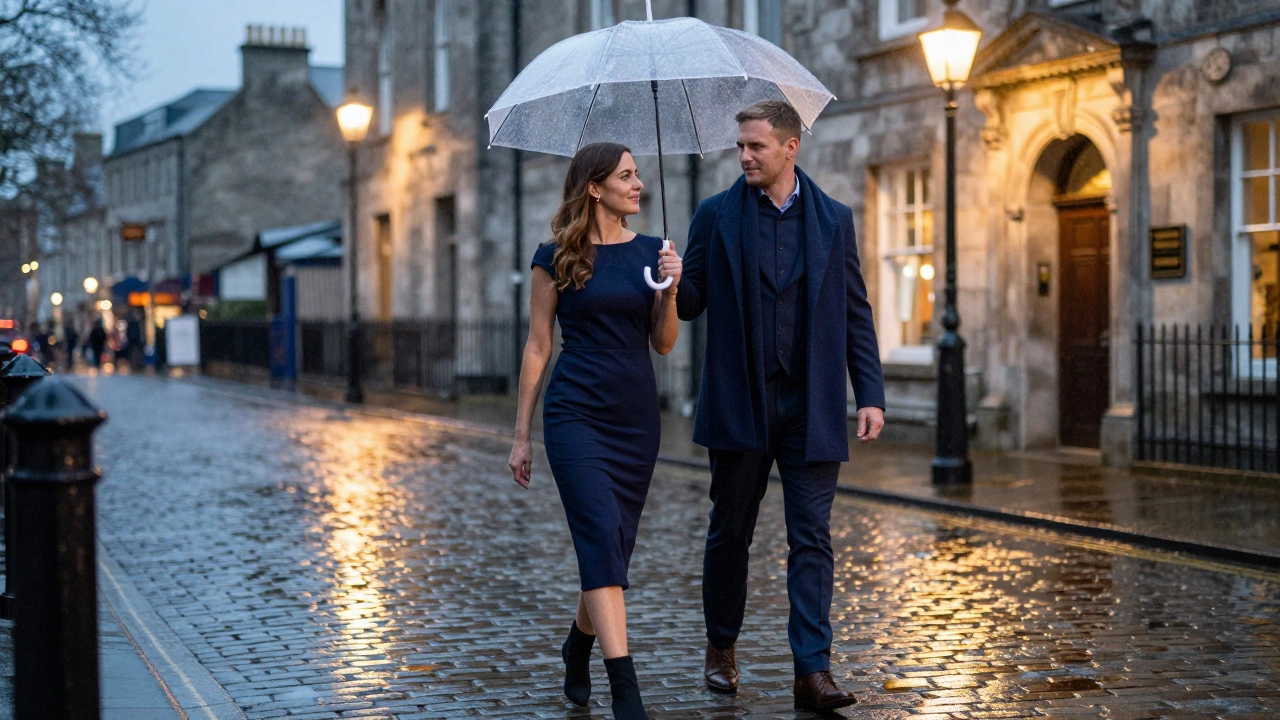 Couple arriving at rainy Dublin venue in formal wear