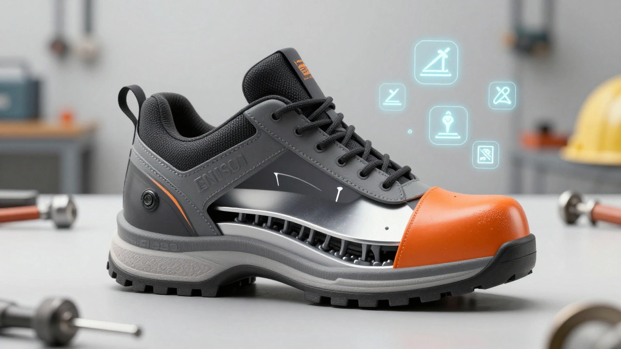 Cutaway diagram showing safety shoe protective layers