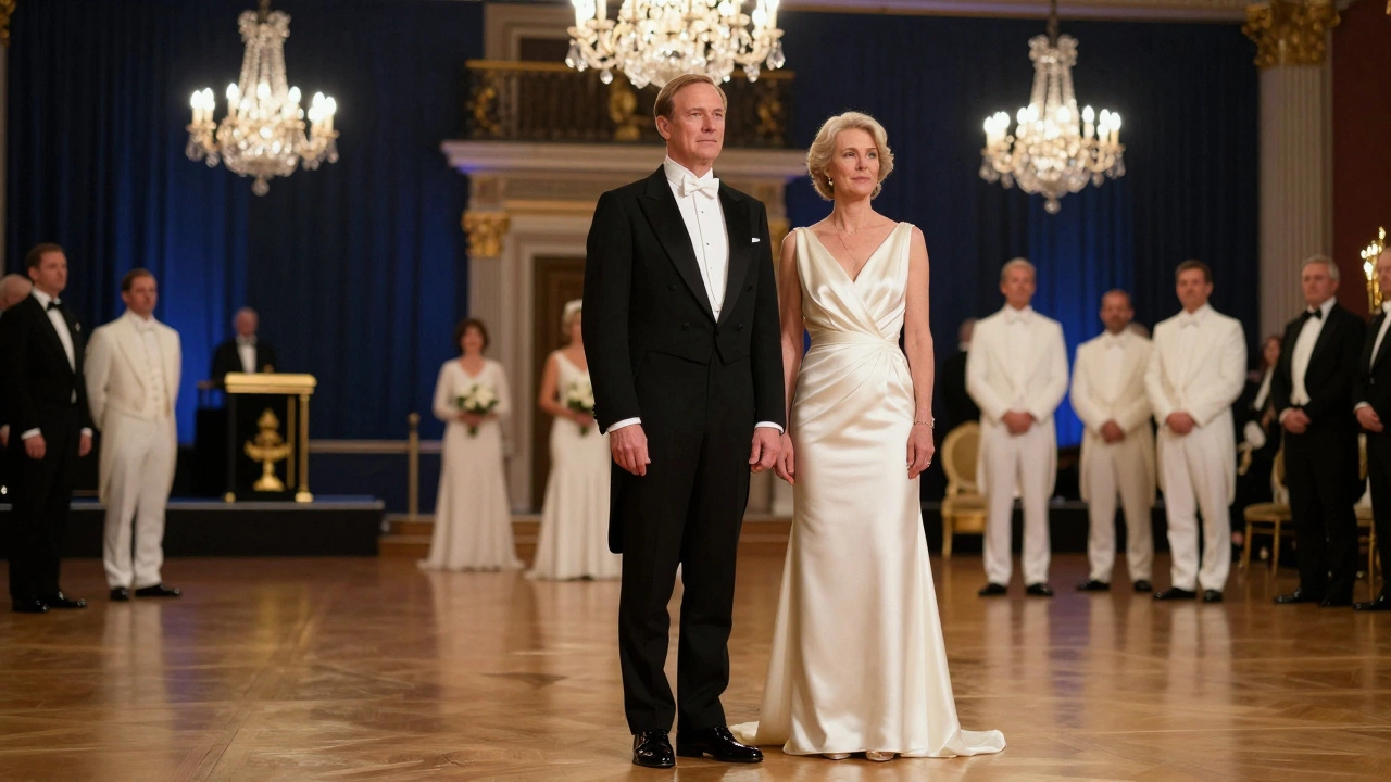 Elegant guests in tuxedos and gowns at a formal gala in a grand Irish ballroom.